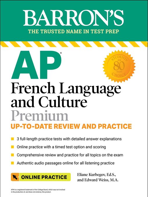 Cover image for AP French Language and Culture Premium, 2023-2024: 3 Practice Tests + Comprehensive Review + Online Audio and Practice